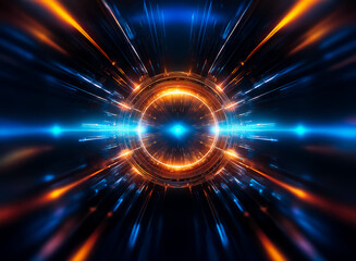 Aufkleber - Dynamic abstract glowing tunnel effect with radial blue and orange beams emanating from a bright circular center. Energy and movement conveyed.
