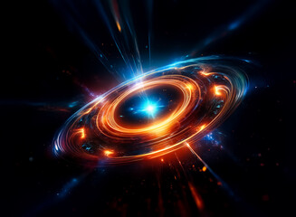 Poster - A vibrant cosmic swirl bursts with energy, radiating blue and orange hues against the dark expanse of space. Rings of light orbit a central point, creating a dynamic, abstract galaxy.