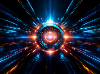 Aufkleber - A vibrant orb emits radiating beams of light, creating a futuristic and abstract design. Blue and orange hues dominate, suggesting energy and technological brilliance. The glowing center draws the eye