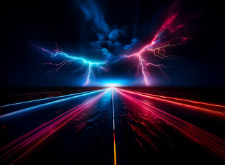 Poster - Night road under a stormy sky. Lightning illuminates the horizon as vibrant blue and red light trails streak along the wet asphalt surface.