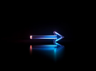 Fototapete - A glowing, luminous arrow, reflects on a shiny black surface. The neon light hints at direction, guidance, and future possibilities. The image portrays a sense of technological innovation.