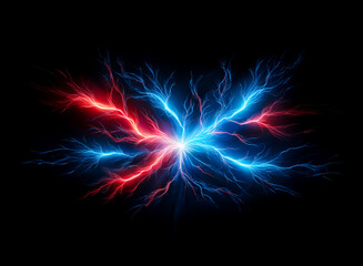 Fototapete - Vibrant red and blue lightning bolts emanate from a central point against a stark black backdrop, showcasing powerful electrical energy and contrasting colors.