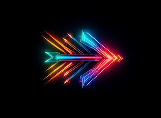 Leinwandbilder - Glowing neon arrow on a black background. The arrow represents direction and movement, with vibrant colors. The overall design has a futuristic and technological aesthetic.