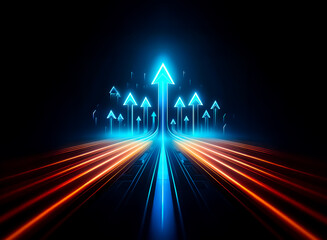 Fototapete - The image depicts multiple arrows pointing upwards. Orange and blue light trails blend on a black background, illustrating progress, growth, and upward momentum. The visual suggests concepts like succ