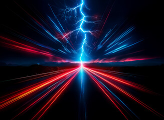 Leinwandbilder - Electric blue lightning bolt illuminates a dark sky, striking above red and blue light streaks that converge on the ground, creating a dynamic, powerful scene.
