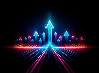 Poster - Abstract glowing arrows ascend against a dark backdrop, symbolizing progress and direction.  Neon blue and pink lights create a futuristic and dynamic perspective.