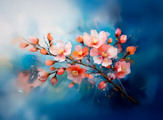Fototapete - A delicate, painted blossom branch emerges from an abstract blue and white background. The soft petals display shades of pink and orange, hinting at spring and new beginnings.