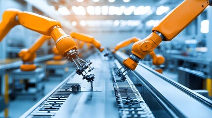 Leinwandbilder - An automated factory setting with robotic arms endlessly assembling and manufacturing various mechanical components and parts on a production line