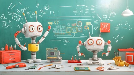 Leinwandbilder - An depicting the workspace of a robotics engineer filled with various tools half assembled robot parts and electronic components such as circuit boards and wires