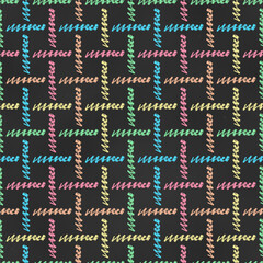 Wall Mural - Seamless Grunge Pattern of Chalk Drawn Sketches Colorful Scribbles on Dark Chalkboard Backdrop. Checkered Print.