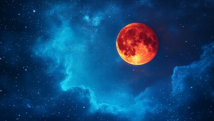 Wall Mural - a dark night sky is brightened by a red blood moon, with faint stars twinkling nearby