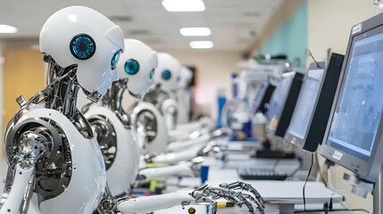 Poster - Rows of advanced humanoid robot arranged in a high tech workspace filled with computer monitors electronics and other advanced technological equipment