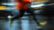 © Thanyaporn - Dynamic Motion of Runner on Rainy Street in Vibrant Red Jacket