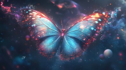 A vibrant, ethereal butterfly with glowing blue and orange wings gracefully emerges against a cosmic backdrop filled with colorful nebulas and celestial bodies, symbolizing transformation and beauty