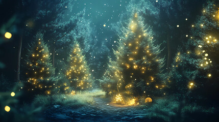 Wall Mural - magical forest with christmas trees and glowing lights