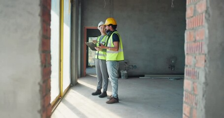 Aufkleber - Architect, people and talk with tablet for construction planning, site inspection and architecture design. Staff, digital blueprint and communication of maintenance, safety schedule and project info
