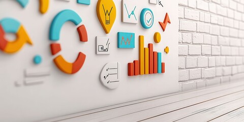 Wall Mural - innovation lab startup concept. colorful business graphics on a brick wall background.