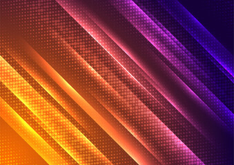 Poster - Orange and violet glowing stripes and halftone dots abstract background. Vector neon geometric graphic design