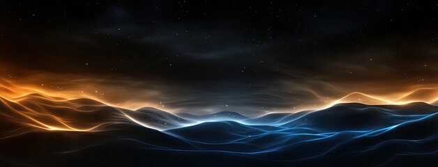 Wall Mural - glowing blue and orange lights form a digital wave pattern made of dots, creating an abstract backgr