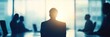 © IQ-Photography - Leadership silhouette and business people in blurred conference room for discussion, development or growth Planning, teamwork or office employees in meeting for negotiation, Wide background