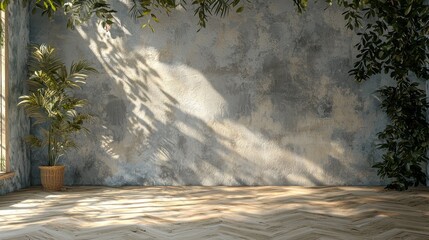 Fototapete - Natural light pours into a spacious room adorned with textured walls and subtle shadows, enhancing the vibrant greenery of potted plants that breathe life into the serene atmosphere