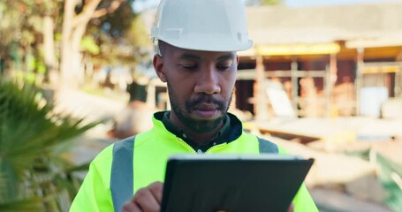 Poster - Architect, black man and typing on tablet for construction planning, site inspection and architecture design. Worker, digital blueprint and research of maintenance, quality control and project info