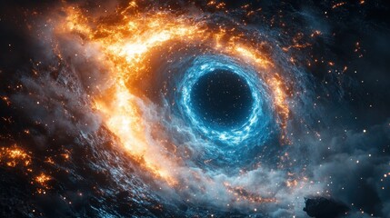 Digital Network Tunnel with Glowing Connections and Cosmic Black Hole in Futuristic Sci-Fi Style