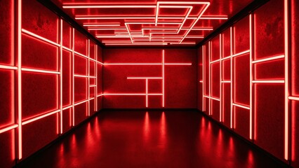Fototapete - Abstract red illuminated room with glowing neon light strips creating unique geometric patterns on dark textured walls for artistic design projects and backgrounds
