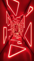 Fototapete - Abstract red illuminated room with glowing neon light strips creating unique geometric patterns on dark textured walls for artistic design projects and backgrounds
