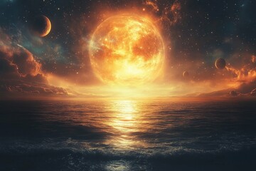 Wall Mural - fiery celestial sunset over the ocean