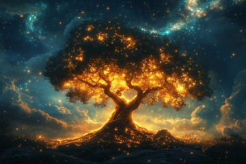 Wall Mural - glowing tree in a magical night sky