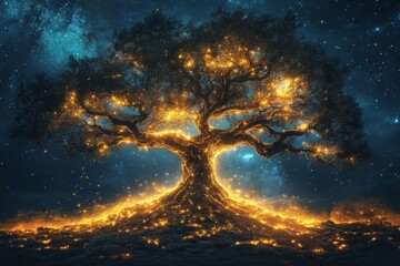 Wall Mural - glowing tree under a starry night
