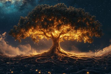 Wall Mural - enchanted tree under a starry night