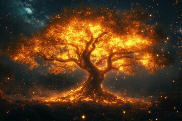 Wall Mural - glowing tree at night under the stars