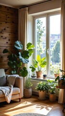 Fototapete - Modern Indoor Plant Decor in Sunlit Room with Rustic Wooden Walls and Natural Light Accentuating Interior Design Aesthetics