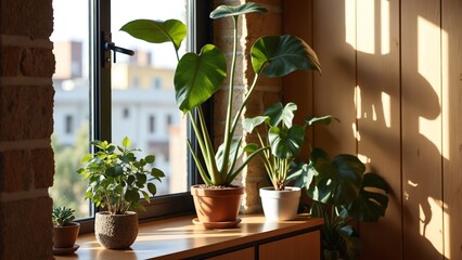 Fototapete - Modern Indoor Plant Decor in Sunlit Room with Rustic Wooden Walls and Natural Light Accentuating Interior Design Aesthetics