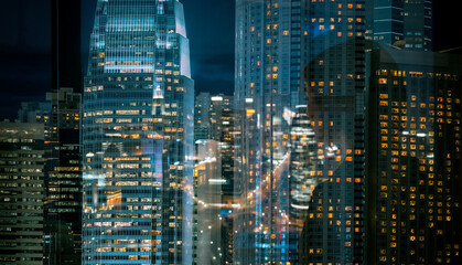 Fototapete - Hong Kong cityscape at night using double exposure technique. Blending modern architecture with city lights creating an abstract, dreamy urban scene.