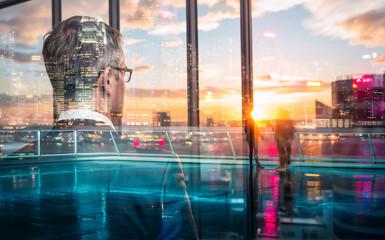Poster - Contemplative figure gazes at Hong Kong skyline using double exposure. Urban scene blends with person in suit looking out from a high window view.