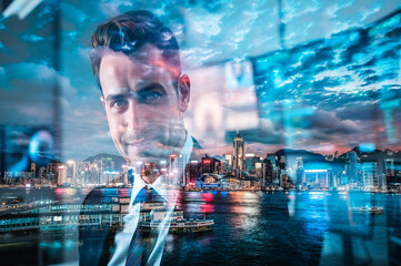 Poster - A double exposure image presents a businessman's portrait seamlessly merged with a vibrant Hong Kong cityscape at night. City lights reflect on the water in an artistic blend.