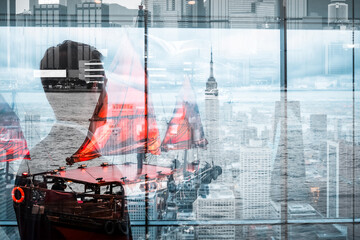 Poster - Double exposure artfully merges a red sailed junk boat, a Hong Kong icon, with a modern cityscape. Urban and nautical elements blend in this unique scene.