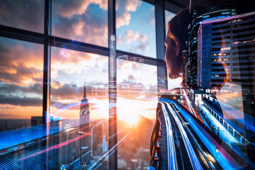 Aufkleber - A double exposure artfully merges a person's silhouette with a vibrant Hong Kong cityscape at sunset. City lights and colorful sky create a modern, abstract urban scene.