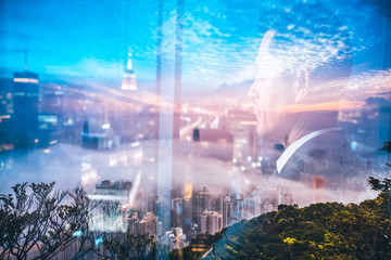 Poster - A double exposure image showing a person's profile blended with the vibrant cityscape of Hong Kong at dusk, creating a dreamy and reflective atmosphere.