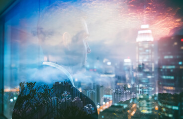 Poster - Contemplative figure gazes over Hong Kong cityscape in double exposure, merging urban skyline with ethereal clouds and sky.