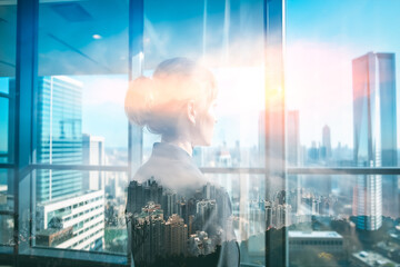 Poster - Woman gazes at Hong Kong cityscape through a window, using double exposure to blend indoor office view with the vibrant outdoor urban scene.