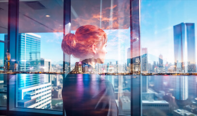 Poster - Double exposure of woman gazes out of window at Hong Kong cityscape. Vibrant urban scene with modern buildings and bright sky blends with interior view.