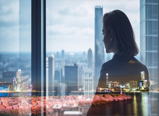 Poster - Double exposure featuring a woman looking over the Hong Kong cityscape. Day and night blend in this urban scene.