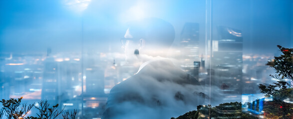 Poster - Double exposure of Hong Kong cityscape at night, blending city lights with a foggy mountain. A blue and misty, ethereal atmosphere is created.