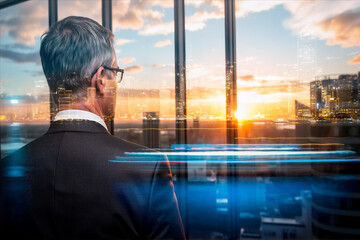 Aufkleber - Businessman contemplates Hong Kong's skyline at sunset, a double exposure merging him with the vibrant cityscape.