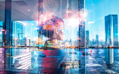 Poster - A double exposure image captures a person gazing out at the Hong Kong cityscape at night, where fireworks illuminate the urban skyline.
