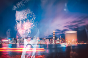 Poster - A double exposure blends a man's portrait with the vibrant Hong Kong cityscape at night, showcasing city lights reflecting on the water.